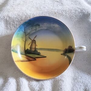 Meito China Porcelain Nappy Dish w/Handle Hand Painted Windmill Landscape Japan